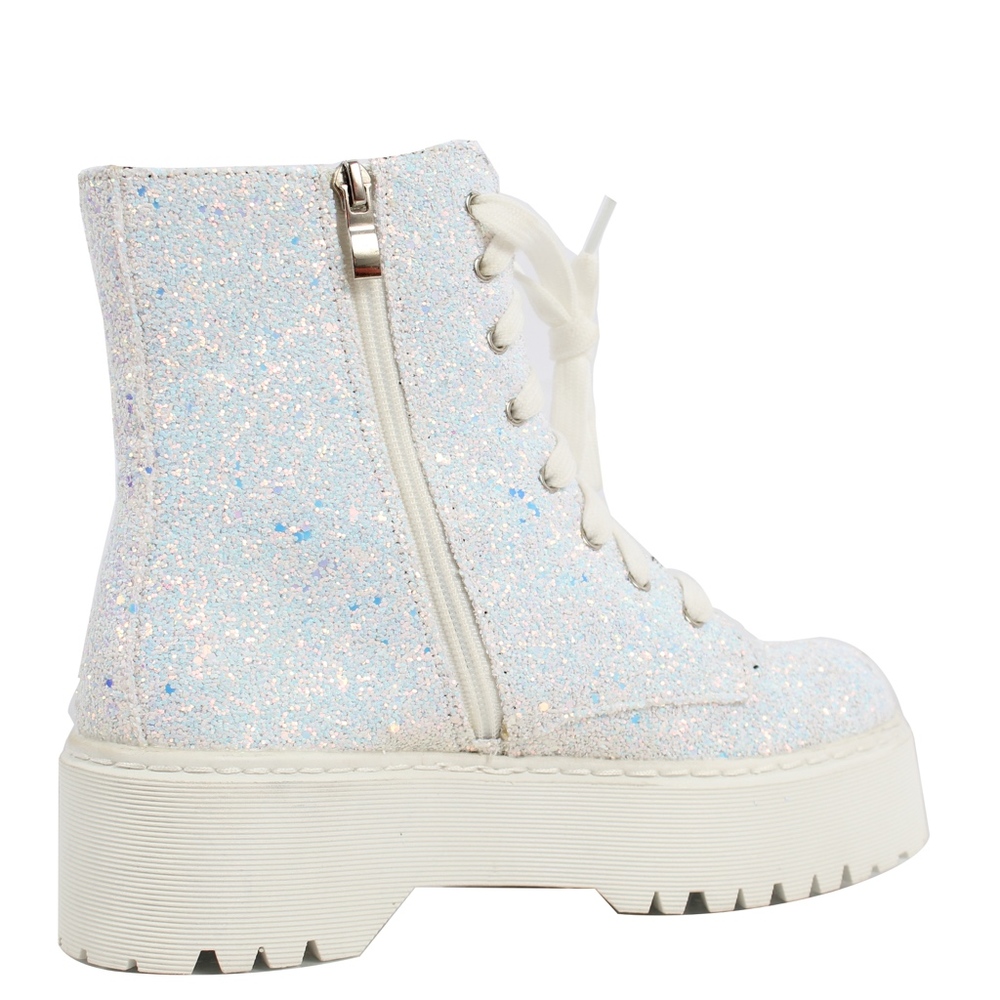 White Glitter Lace Up Lug Platform Ankle Boot - Picture 3 of 4